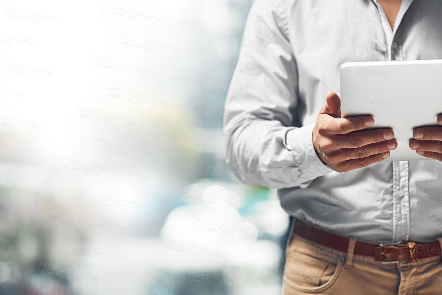 Buy stock photo Businessman, hands and research with tablet for news, network or online browsing at office. Closeup of male person, employee or analyst with technology for app, innovation or development at workplace