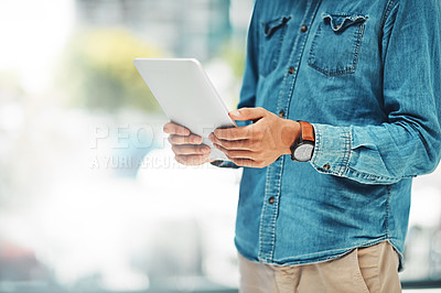 Buy stock photo Businessman, hands and reading news with tablet for research, information or global network at office. Space of male person, employee or analyst on technology for online browsing, web or connection