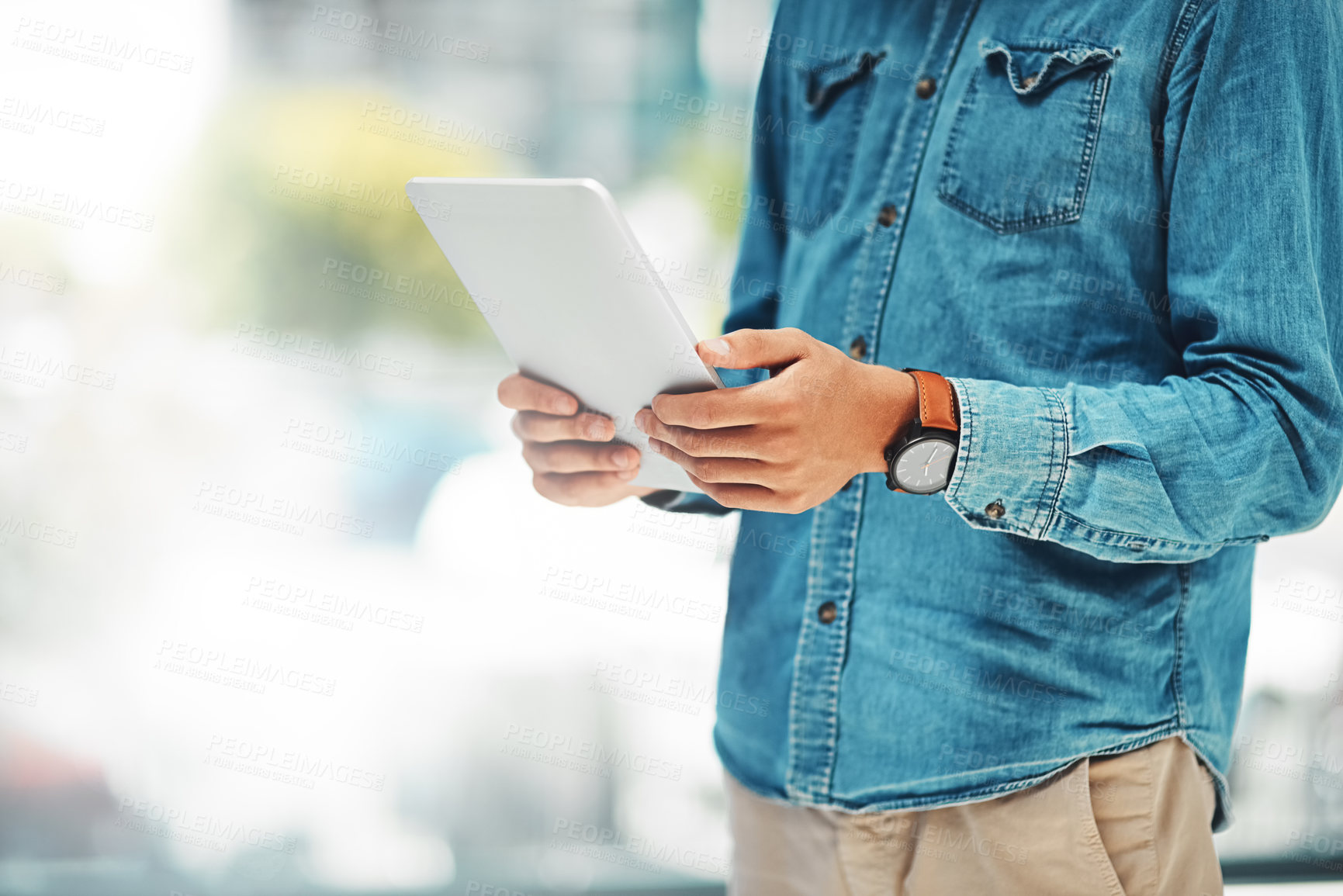 Buy stock photo Businessman, hands and reading news with tablet for research, information or global network at office. Space of male person, employee or analyst on technology for online browsing, web or connection