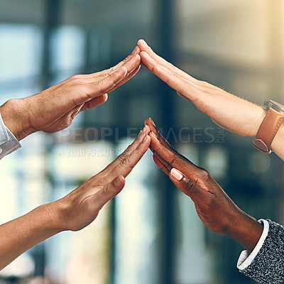 Buy stock photo Cropped shot of a group of unrecognizable businesspeople gesturing in the office