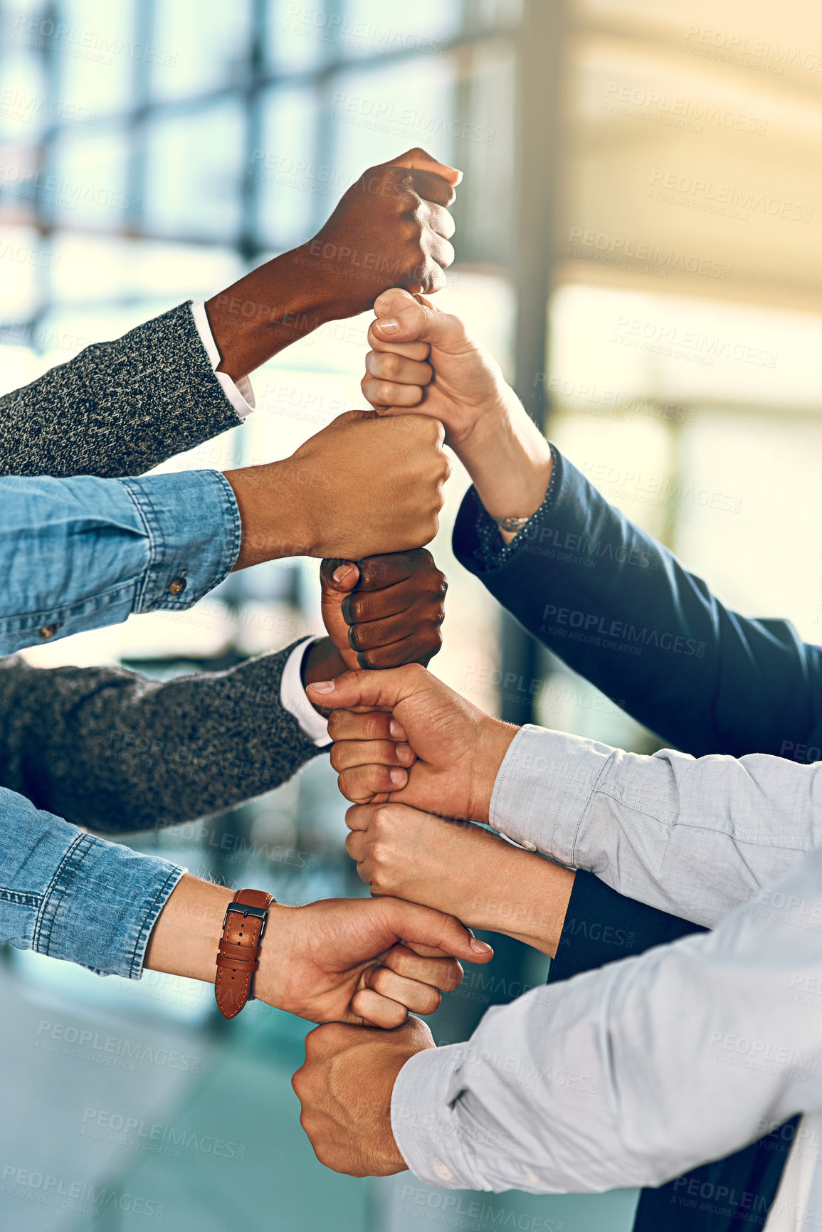 Buy stock photo Business people, hands and fist stack with teamwork for employee solidarity, inclusion and equality in workplace. Diversity group, pile and collaboration for staff support, synergy and cooperation