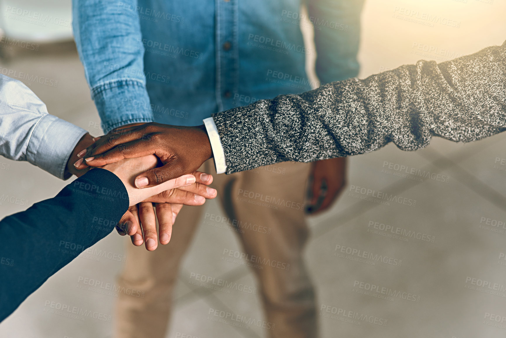 Buy stock photo Business, people and hands with pile for support with employee solidarity, motivation and equality in workplace. Group success, stack or collaboration with staff inclusion, partnership or cooperation