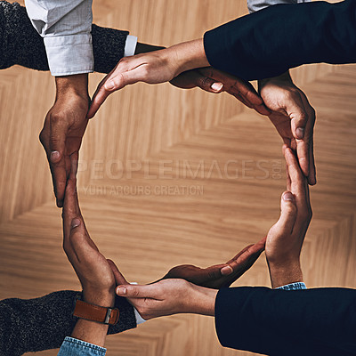 Buy stock photo Above, recycle or hands of business people in circle for motivation, support or sustainability in office. Teamwork, recycling or employees for sustainable goals, community help or partnership group