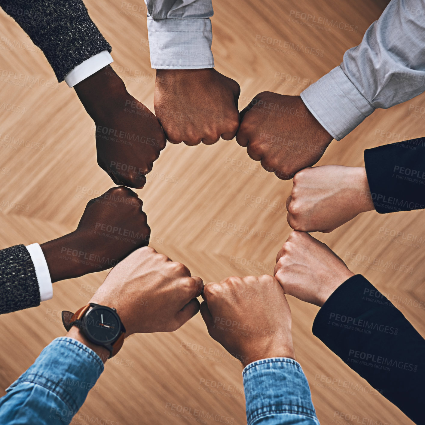 Buy stock photo Team building, fist bump or hands of business people for motivation, group support or community in office. Teamwork, above or circle of fists for diversity, collaboration or partnership for a mission