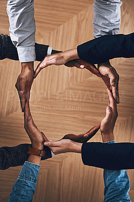 Buy stock photo Synergy, motivation or hands of business people in circle for sustainability, support or recycling in above office. Teamwork, recycle or employees for sustainable, community help or partnership group