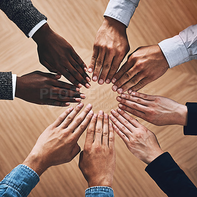Buy stock photo Above, community or hands of business people for support, teamwork or group collaboration in office. Zoom, diversity or employees with diversity, inclusion or mission for partnership goals together