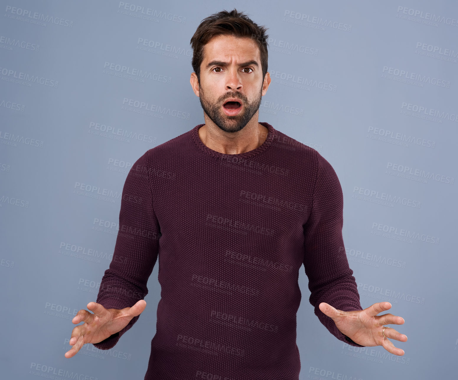 Buy stock photo Studio, confused and man with shock, face and gossip of discount, wow and announcement in mockup space. Blue background, portrait and person with surprise, news and fashion for clothes and cardigan