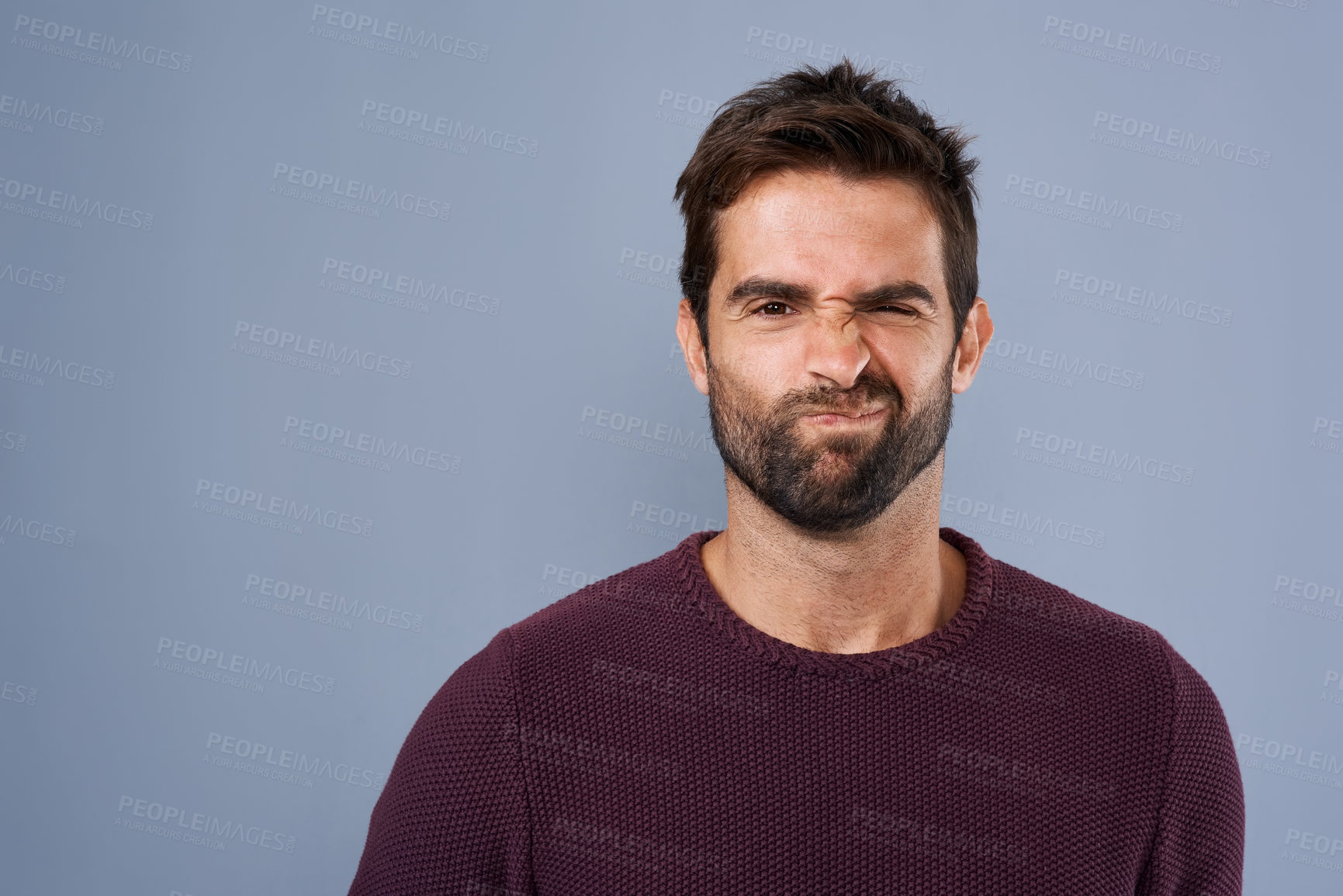 Buy stock photo Doubt, unsure and portrait of man in studio with doubtful, uncertain and thoughtful on gray background. Thinking, mockup space and face of male person skeptical for decision, choice and question