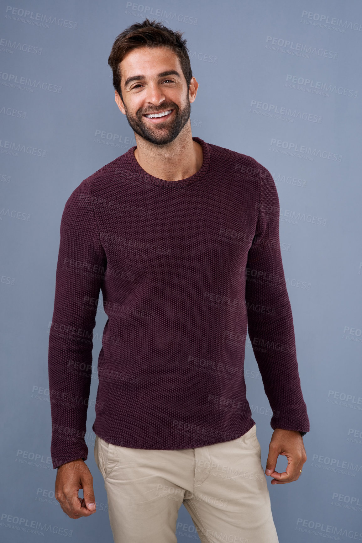 Buy stock photo Studio, jersey and portrait of man, confidence and sweater for fashion, pride and cardigan in winter. Blue background, cheerful and person in Miami, smile and comfortable in clothes, happy and joy