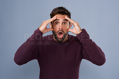 Buy stock photo Portrait, wow and man in studio mind blown by gossip, drama or secret against grey background. Omg, face and surprised male with wtf expression for fake news, announcement and rumor while isolated