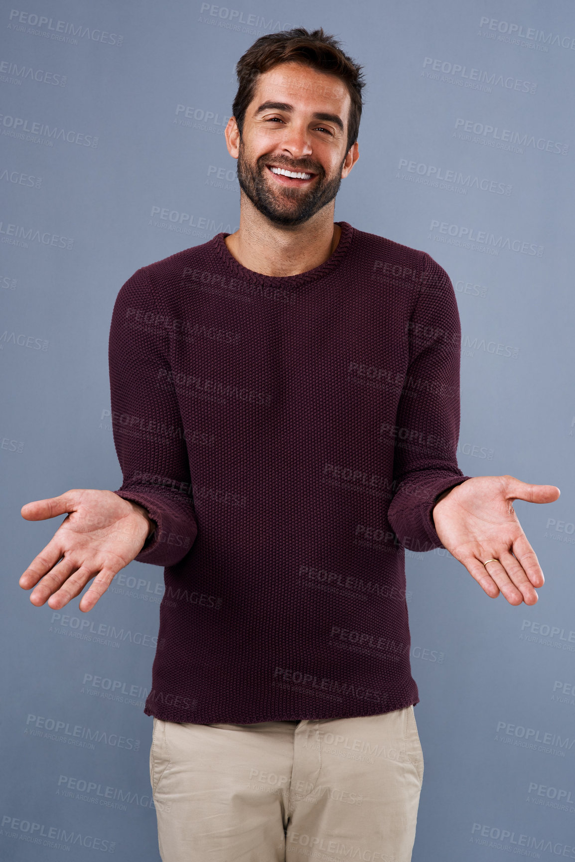 Buy stock photo Studio, smile and gesture of man, question and confused with shrug, portrait and wondering of news. Blue background, face and happiness of person, asking and unsure with hands, fashion and cardigan