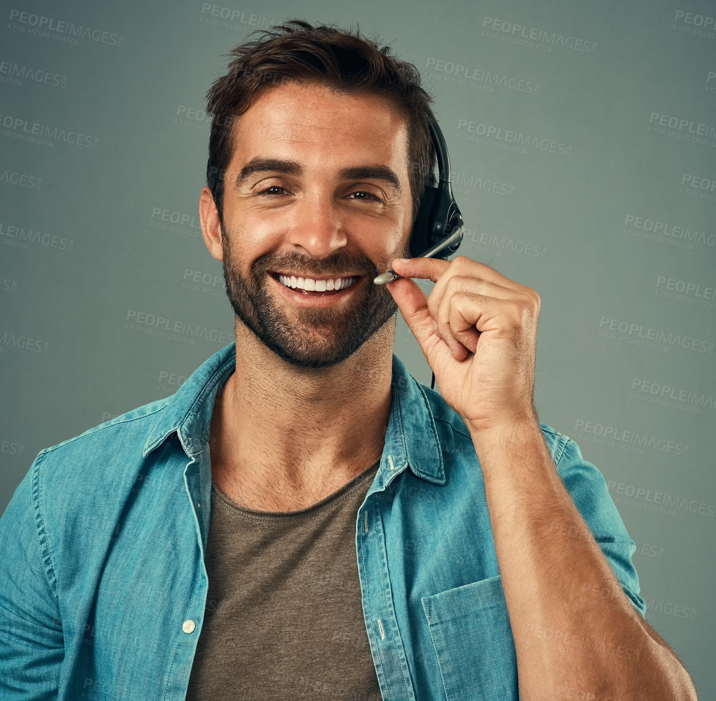 Buy stock photo Happy man, headphones and portrait smile of call center consultant against a grey studio background. Face of friendly male consulting agent smiling with headset mic in contact us for online advice