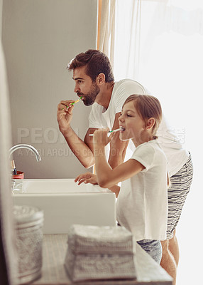 Buy stock photo Brushing teeth, father and child in a bathroom at home in morning with dental cleaning. Oral hygiene, kids and dad together in a house with bonding and parent love for children with toothbrush
