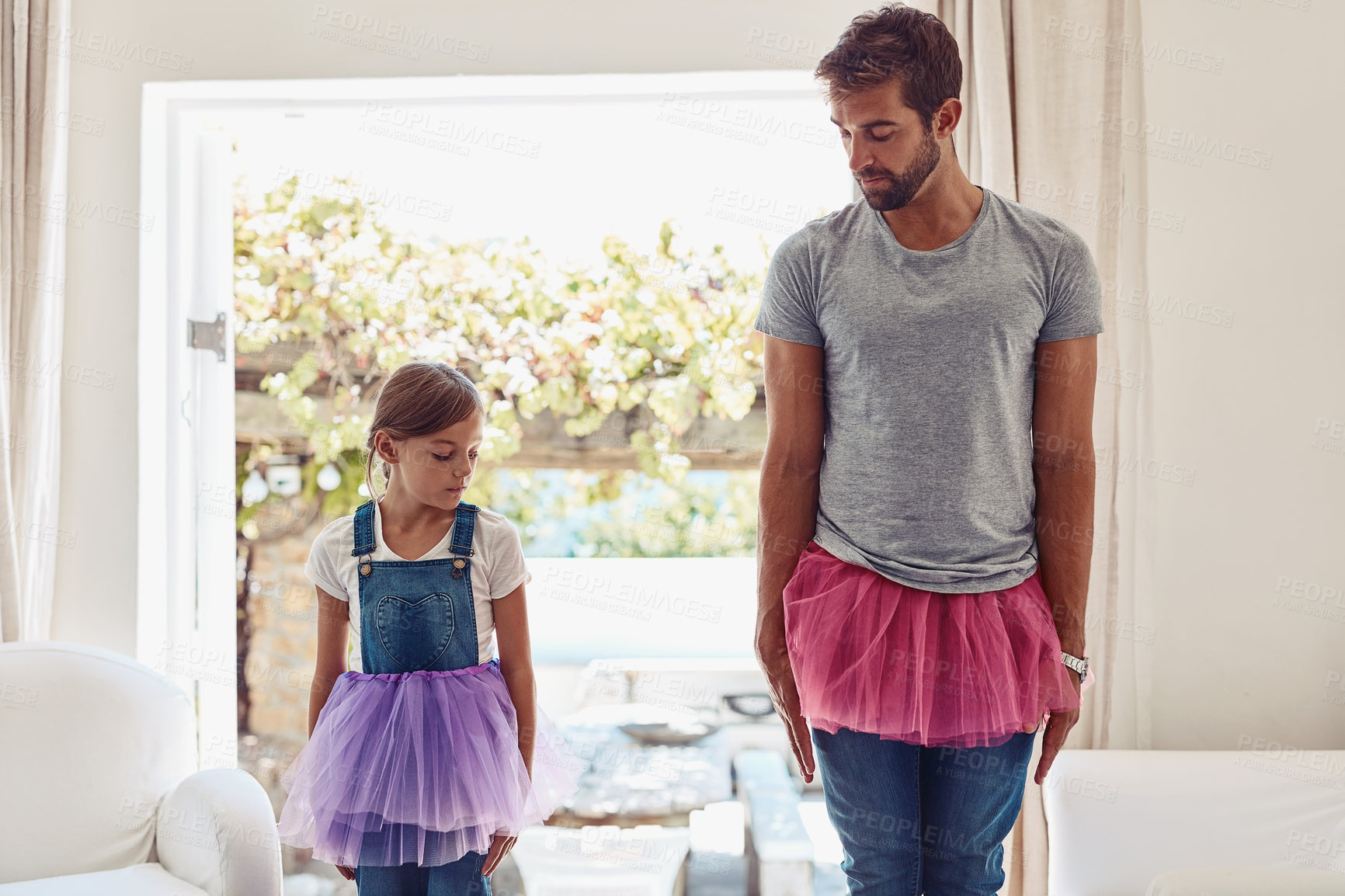 Buy stock photo Man with girl, ballet dancing and teaching with learning at home in tutu, bond with love and creativity. Family, father and daughter dance in living room, ballerina lesson and spending time together