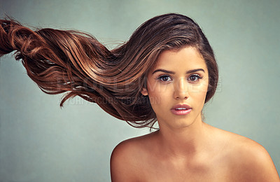 Buy stock photo Studio portrait of a beautiful woman with long locks posing against a grey background