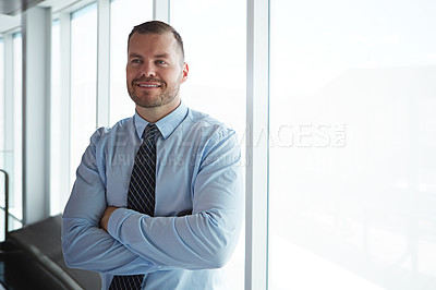 Buy stock photo Shot of a smiling businessman posing in an airport terminal