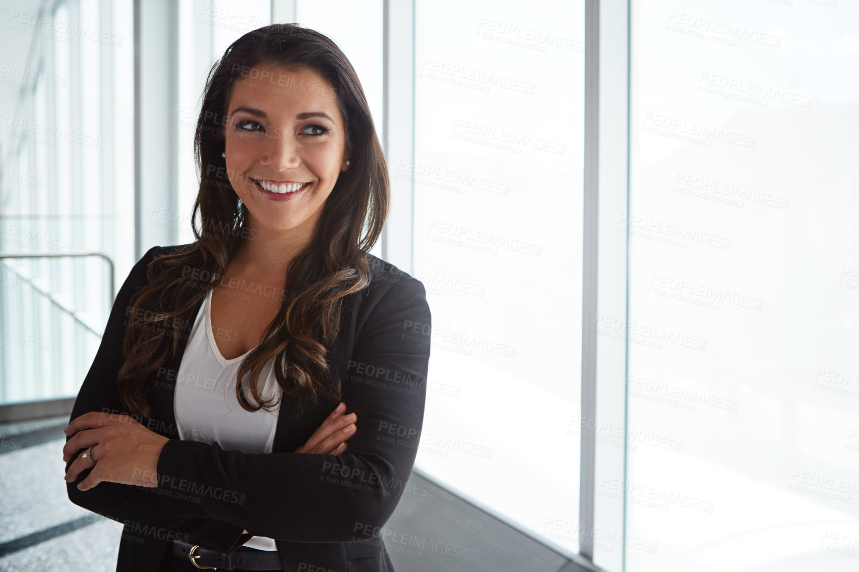 Buy stock photo Arms crossed, thinking and window with business woman in office for career future, planning or vision. Idea, smile and space with happy corporate employee in workplace for opportunity or inspiration