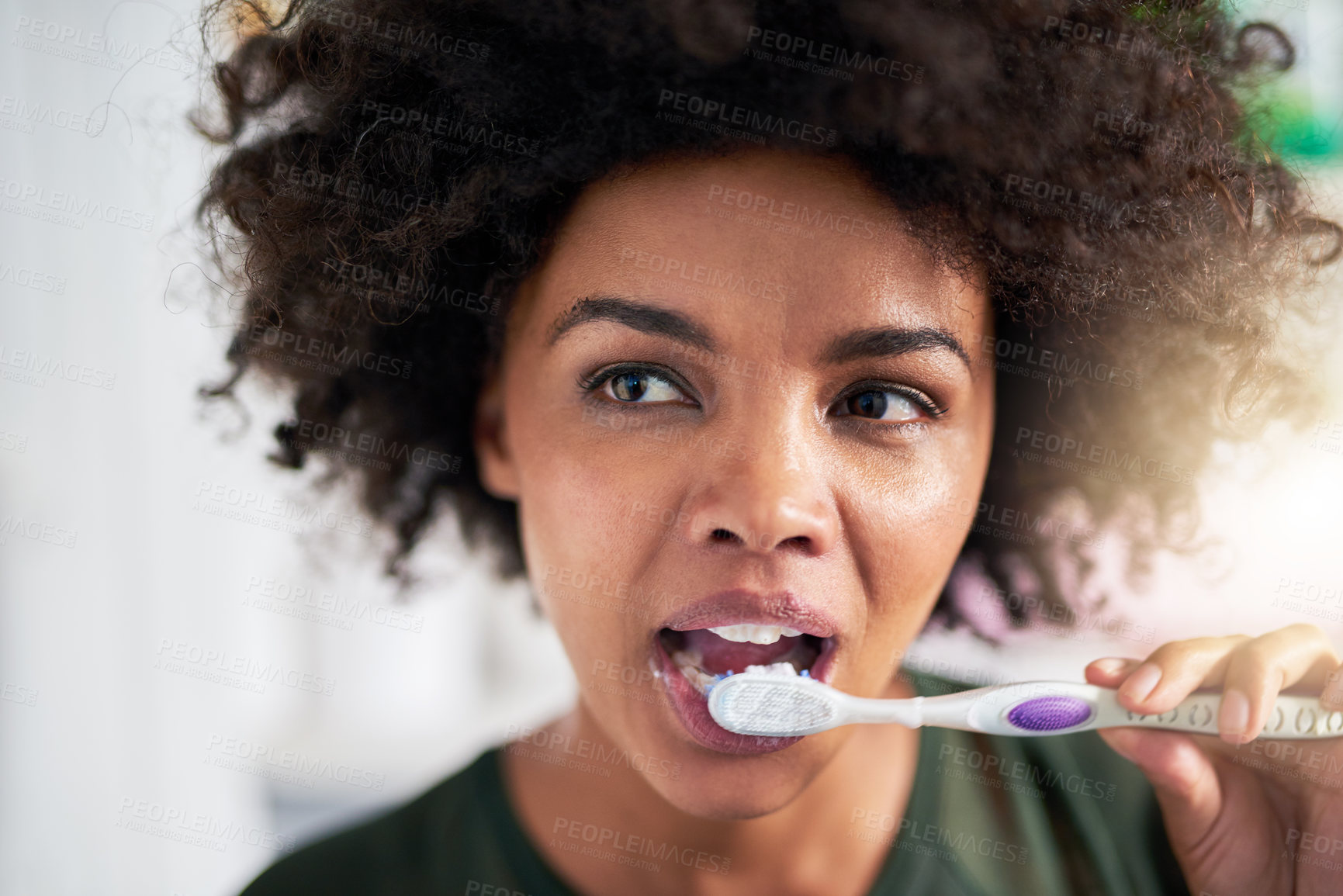 Buy stock photo Dental care, black woman and toothbrush in bathroom for hygiene, oral health and cavity prevention in home. Female person, teeth whitening and morning routine for wellness, gum or protection