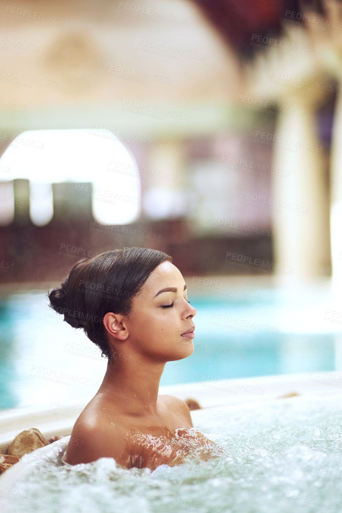 Buy stock photo Woman, hot tub and relax calm at spa hotel for stress relief treatment or hydrotherapy, resort or hospitality. Female person, jacuzzi and lodge accommodation in Miami or hygiene, resting or travel