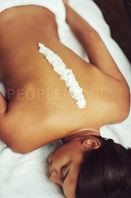 Buy stock photo Spa, exfoliate and luxury for woman, massage and peace with sleeping, service and calm in bed of resort. Wellness, comfort and relief for client, hotel and natural with treatment, pamper and rest