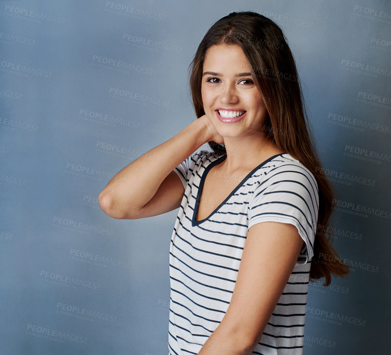 Buy stock photo Portrait, happy woman or fashion at studio space with smile, confidence or makeup. Girl, positive student or relax at wall background with cosmetics, peace or posture pose for college drama portfolio