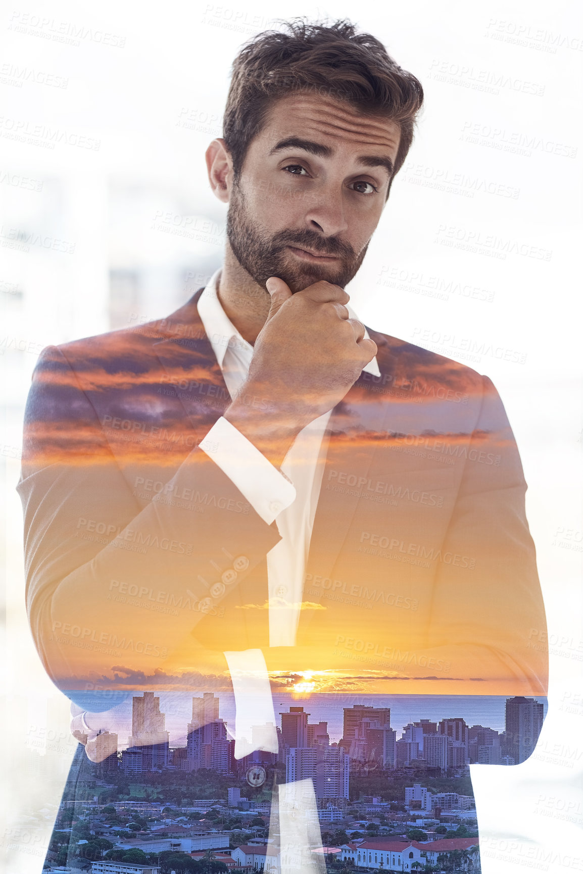 Buy stock photo Portrait, business and man with city, overlay and confidence with startup, corporate professional and pride. Face, double exposure and real estate agent with career ambition and property development