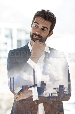 Buy stock photo Ideas, business or man with overlay, thinking or solution with professional, choice or planning. Decision, double exposure or real estate agent with career ambition, future project or problem solving