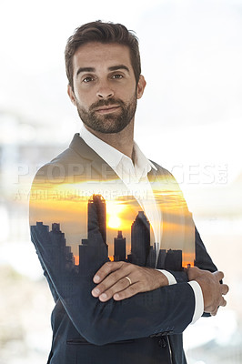 Buy stock photo City, double exposure and portrait of businessman with arms crossed for company, job and confidence. Broker, smile and face with pride in trading for finance career, investing or ambition in New York