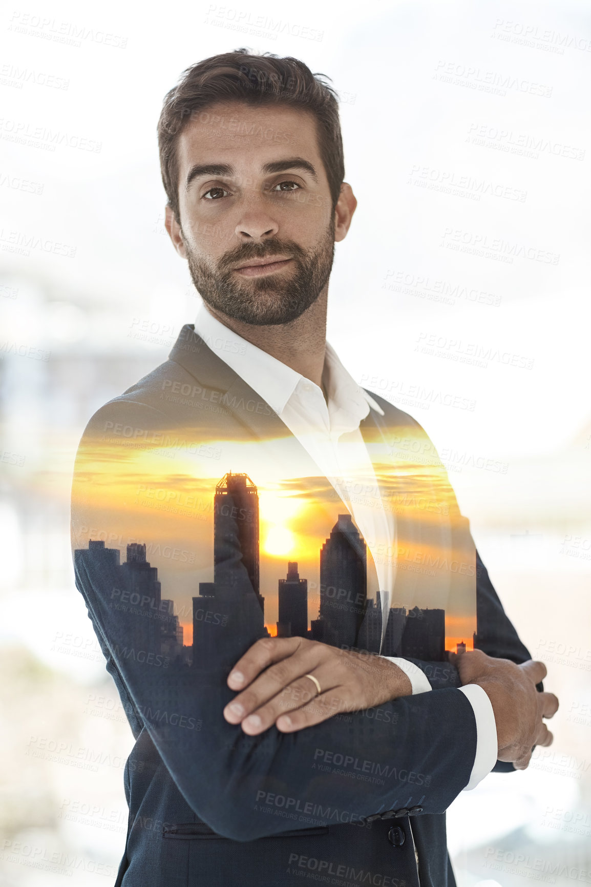 Buy stock photo City, double exposure and portrait of businessman with arms crossed for company, job and confidence. Broker, smile and face with pride in trading for finance career, investing or ambition in New York