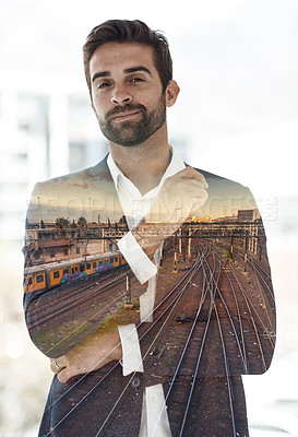 Buy stock photo Business man, portrait with city overlay by public transport with corporate success and entrepreneur. Railway, startup and ambition with confidence from stock market growth and urban double exposure