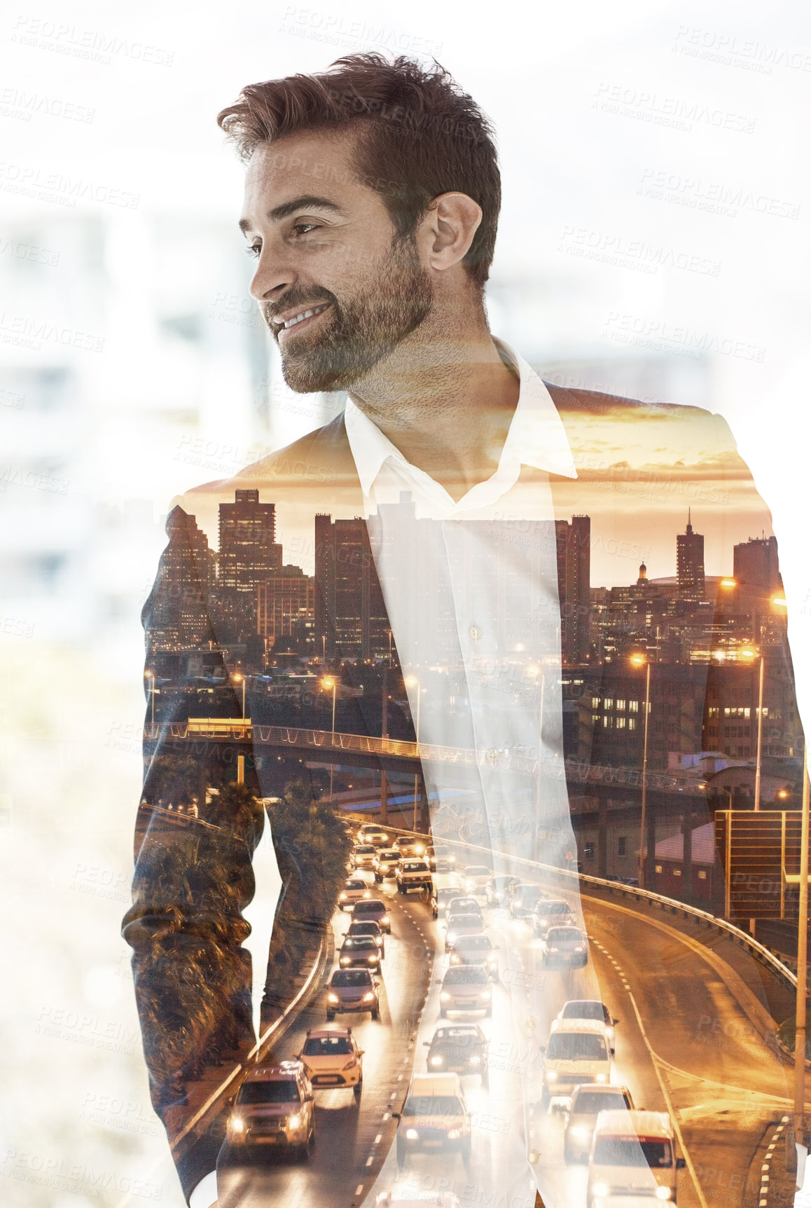 Buy stock photo City, double exposure and businessman with smile in thinking for company, career and ambition. Corporate, broker and confidence with idea in trading for finance job, investing and pride in New York