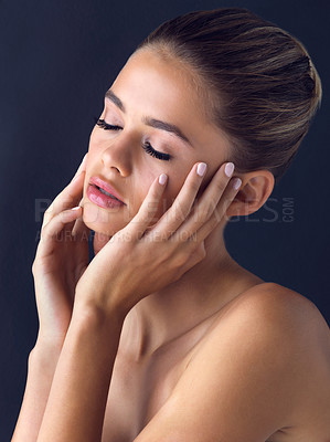 Buy stock photo Relax, makeup and woman with skincare for beauty on black background with foundation, shine or glow. Ideas, confident model or calm girl in studio with cosmetics, hydration or glamour for results