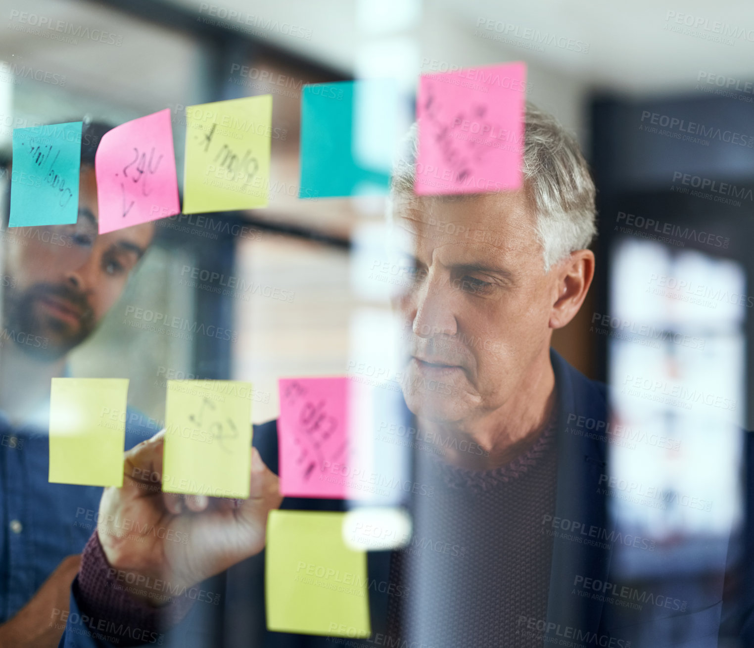 Buy stock photo Mature, businessman or brainstorming with sticky notes on glass for planning sales project, strategy process or tasks. Collaboration, CEO or employees in meeting for ideas, solution or goals schedule