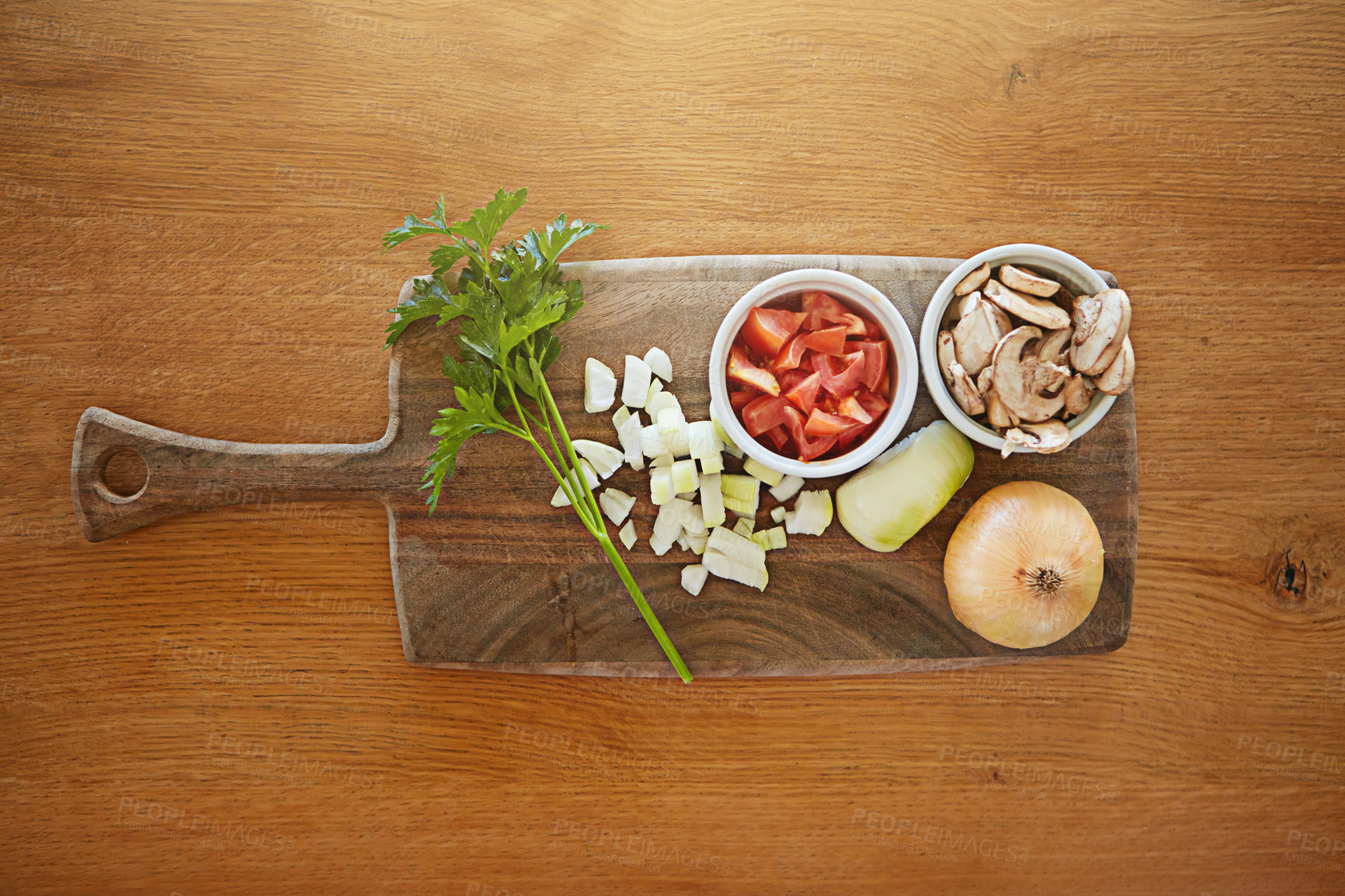 Buy stock photo High angle shot of fresh ingredients on a chopping board