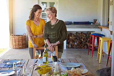 Buy stock photo Shot of a senior mother and her daughter standing at the lunch table on the patio