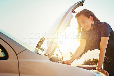 Buy stock photo Breakdown, car and woman with engine problem waiting for roadside assistance and auto insurance service. Emergency, transport crisis and girl on road trip with motor problems checking under cars hood
