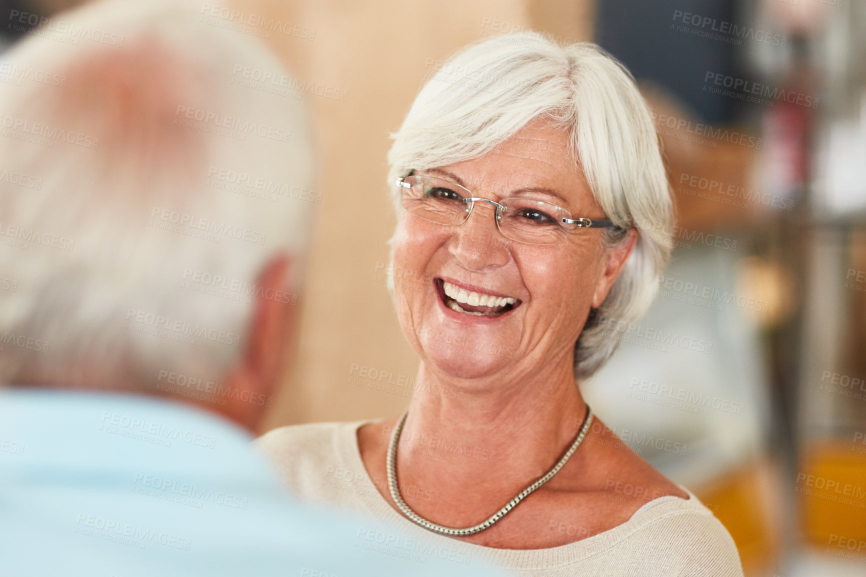 Buy stock photo Happy, senior woman and date in coffee shop with love, morning and bonding together. Smile, elderly couple and laughing with man in cafe, support and funny joke for healthy relationship on retirement