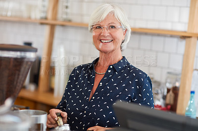Buy stock photo Portrait of a senior woman working in a coffee shop