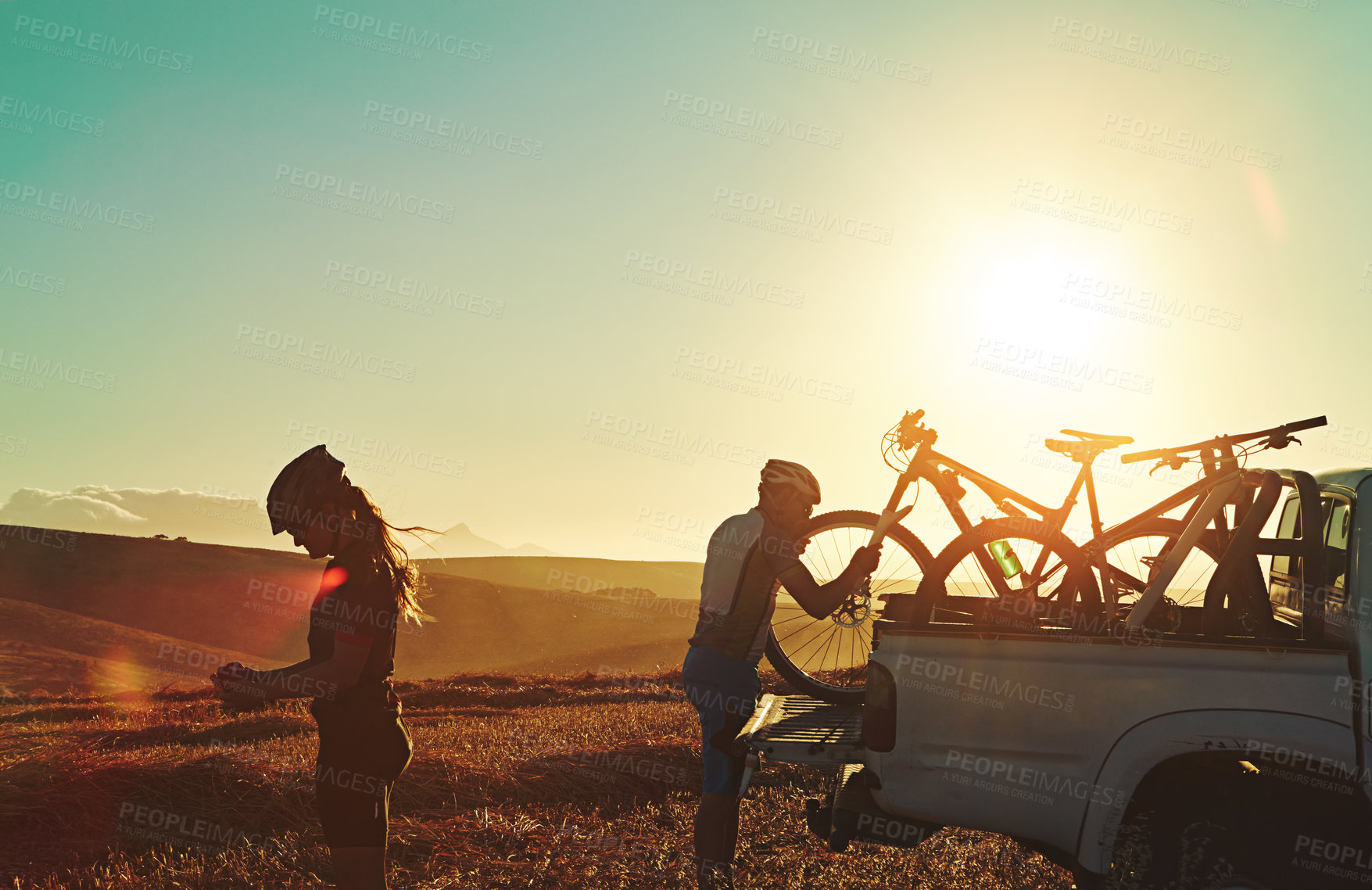 Buy stock photo Sports, friends and people with bicycle in car for training, workout and exercise in countryside. Fitness, cycling and cyclists with mountain bike in trunk for outdoor adventure, travel and transport