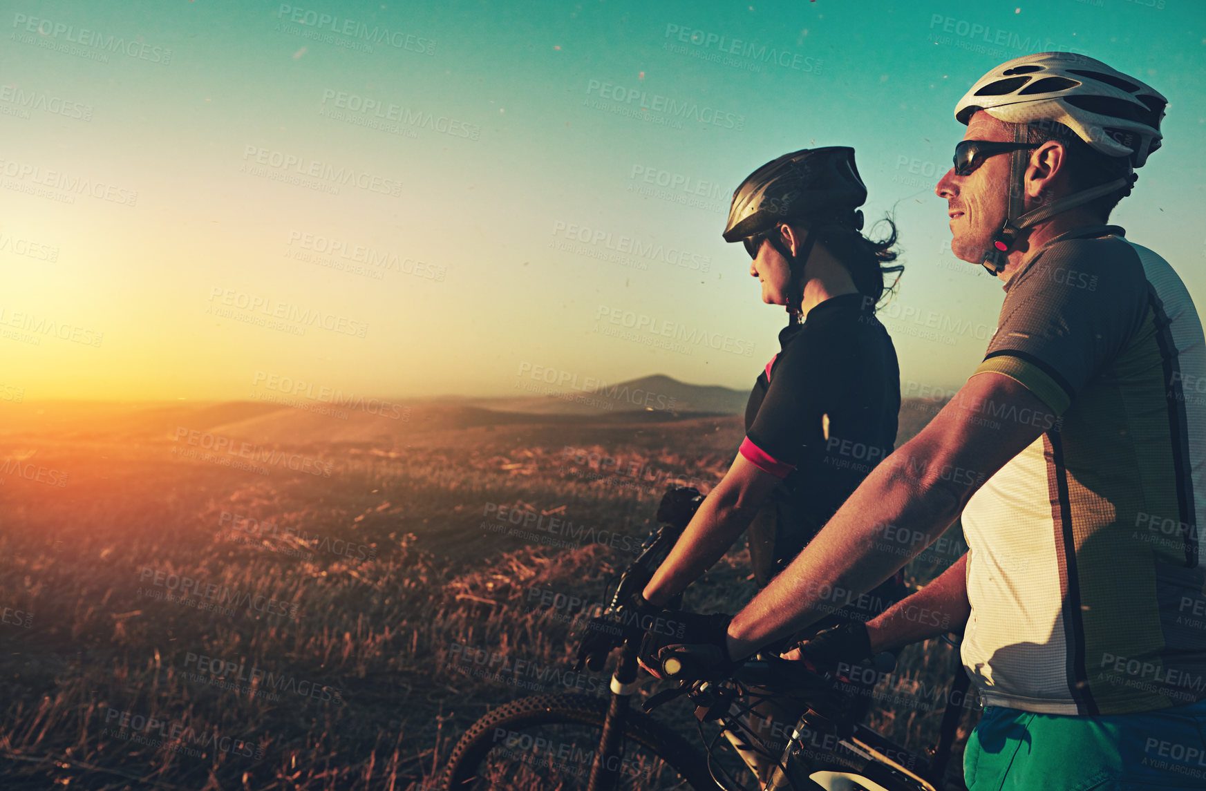 Buy stock photo Fitness, sunrise and men with bicycle in nature for training, workout and exercise in countryside. Sports, cycling and friends on mountain bike for adventure, travel and transport for journey