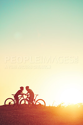 Buy stock photo Sports, sunrise and men with bicycle in morning for training, workout and exercise in countryside. Fitness, lens flare and cycling friends on bike for adventure, travel and transport in nature