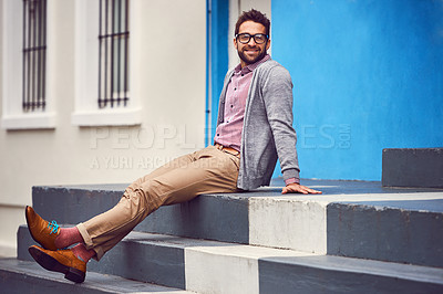 Buy stock photo Stairs, fashion and portrait of man in city with stylish, elegant and trendy outfit with confidence. Smile, glasses and person with classy cardigan, shirt and shoes for style by steps in urban town.