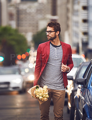 Buy stock photo Fashion, flowers and urban for male person, city and street for walk or commute home. Autumn, trendy and contemporary style for man traveler in New York roads, cars and outdoor with roses bouquet