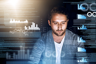 Buy stock photo Man, web developer and statistics overlay with coding or script for fintech app and ecommerce software. Male person, programmer and hologram with graph, hmtl and data analytics for financial review