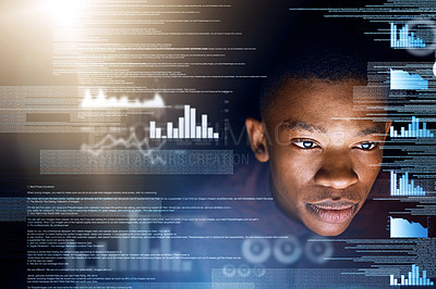 Buy stock photo Black man, data and analytics with overlay for future development, statistics or dashboard. Young African, male person or analyst with graph, chart or digital information with futuristic technology