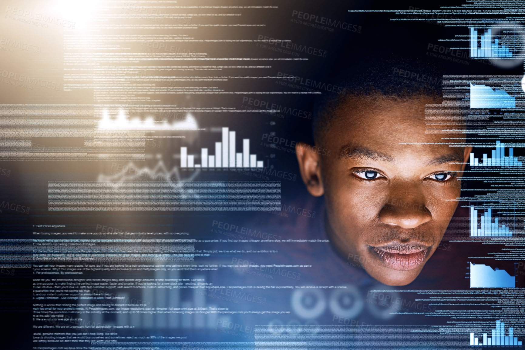 Buy stock photo Black man, data and analytics with overlay for future development, statistics or dashboard. Young African, male person or analyst with graph, chart or digital information with futuristic technology