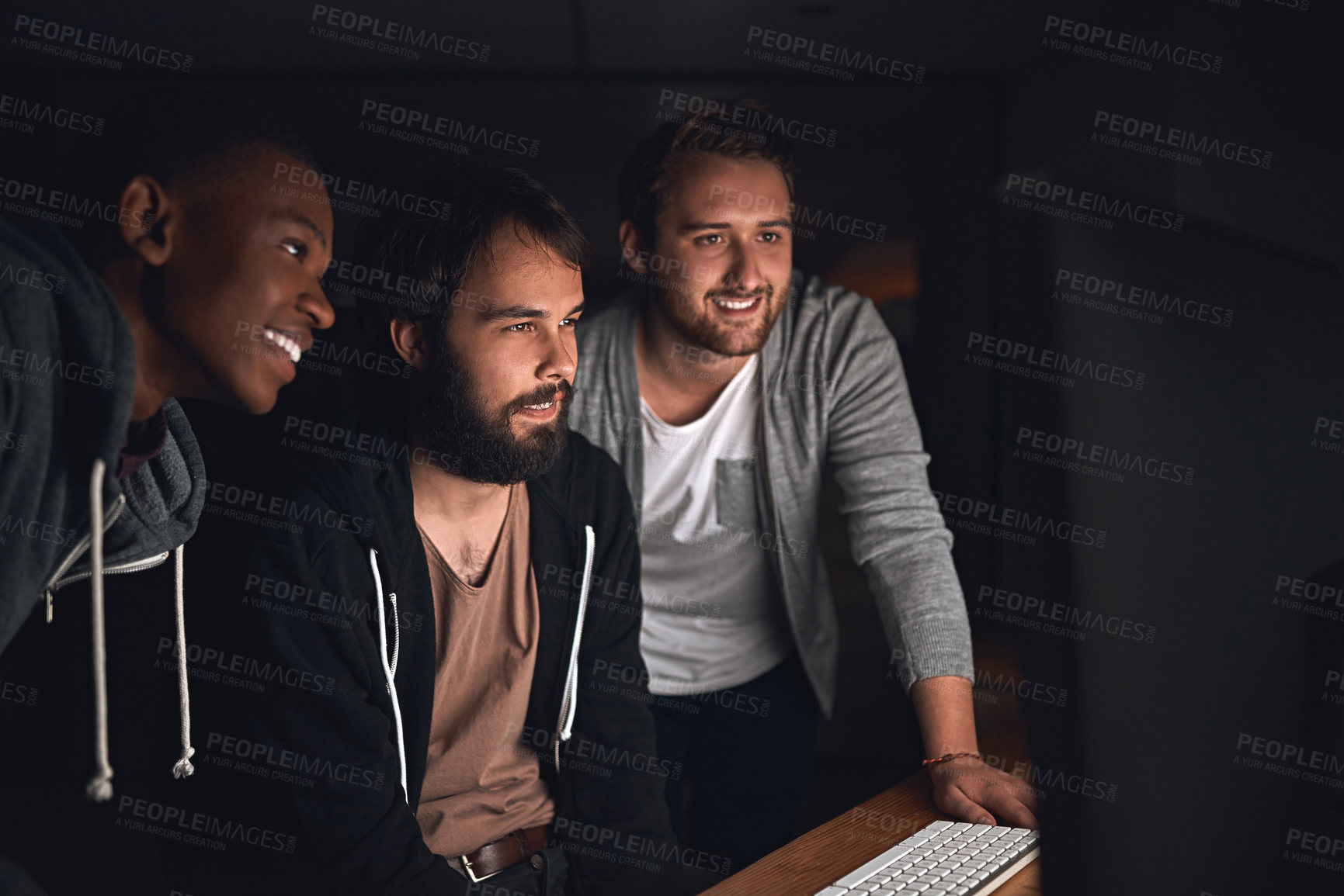 Buy stock photo Happy, men and programmers for software development, coding and collaboration at night in office. Smile, people and web design for app project meeting for update to script or algorithm and teamwork