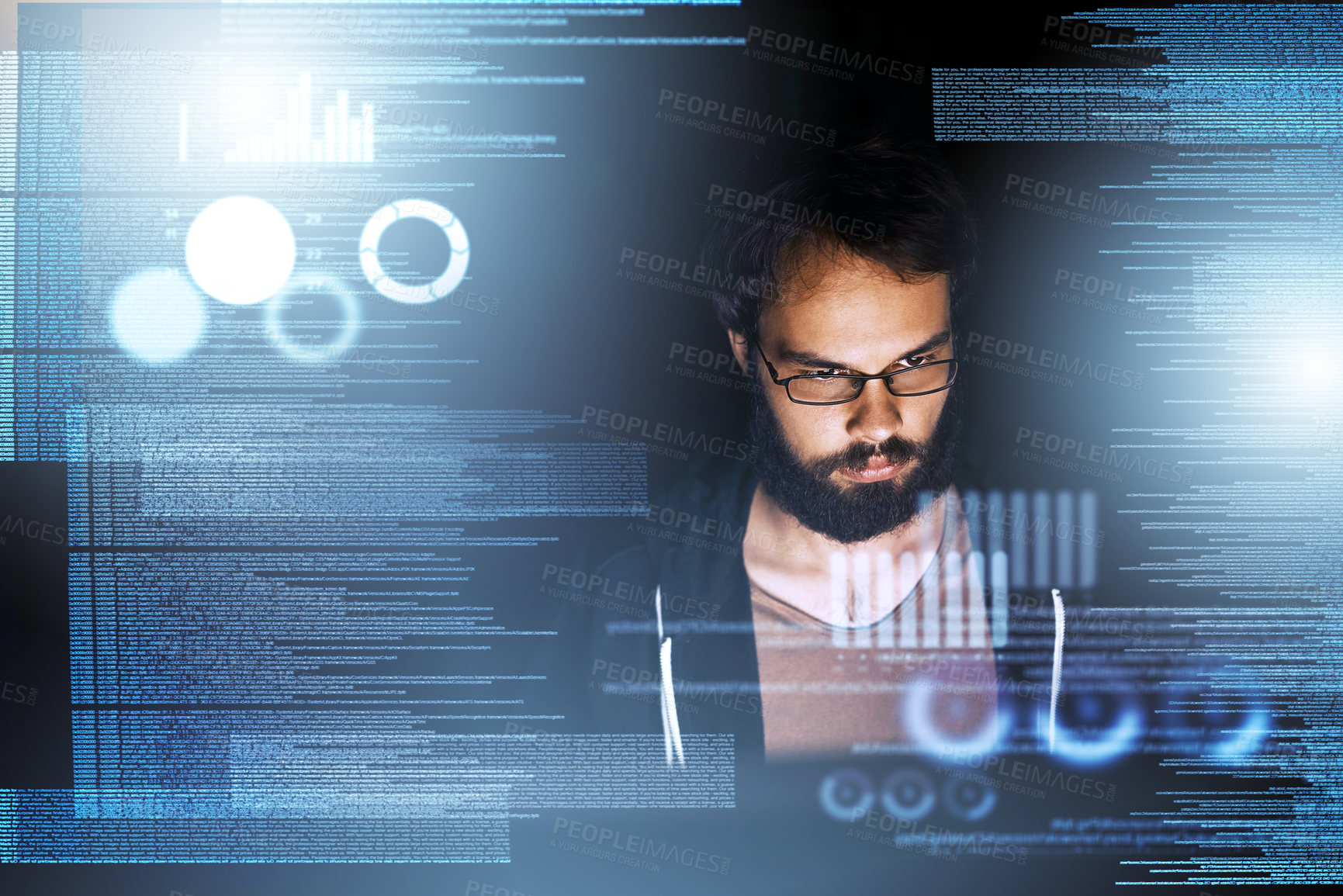 Buy stock photo Cropped shot of a young computer programmer working on source code