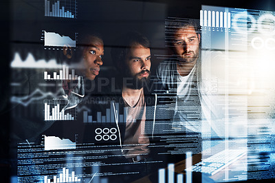 Buy stock photo Cropped shot of young computer programmers working on source code