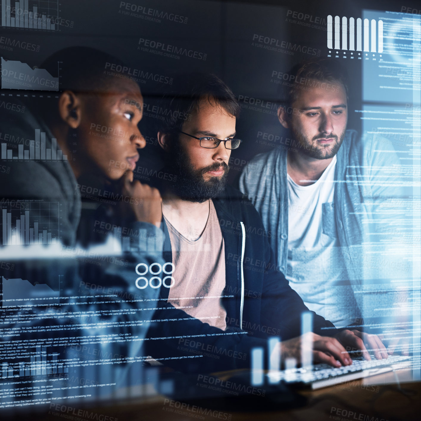 Buy stock photo Cropped shot of young computer programmers working on source code